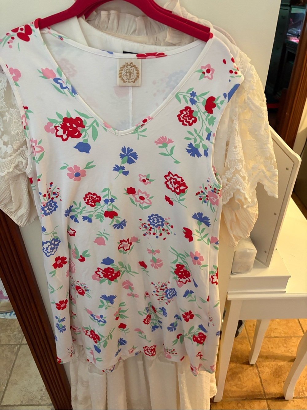 The Beaufort Bonnet Company White Floral V-Neck Tank with Red & Blue Blooms